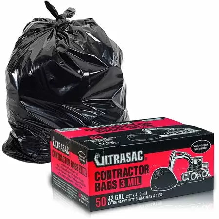 Ultrasac 42-Gallon Contractor Bag with Flaps (50-Count), Black, (42 Gallon, Black)