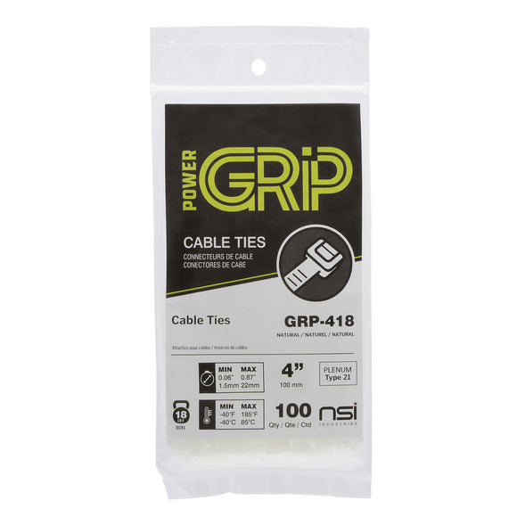 NSI PowerGRP 4”, Natural General Purpose 18lb Cable Ties, 100 Pack (4