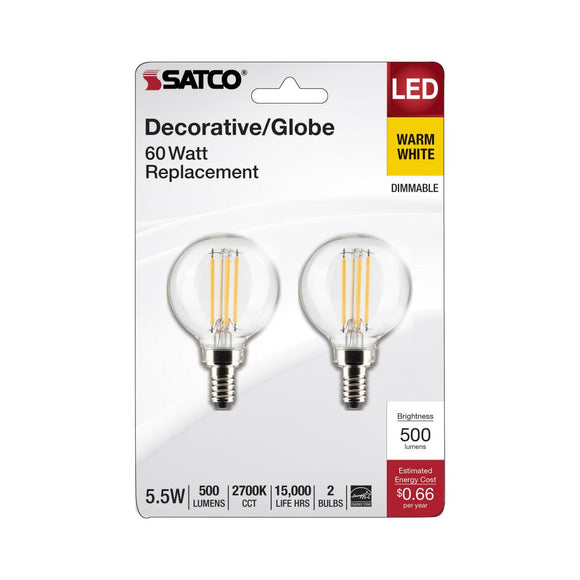 Satco 5.5 Watt G16.5 LED White Candelabra Base (2-Pack White)