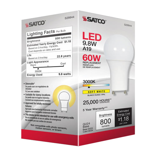 Satco Lighting S29844 Single 9.8 Watt Dimmable A19 GU24 LED Bulb