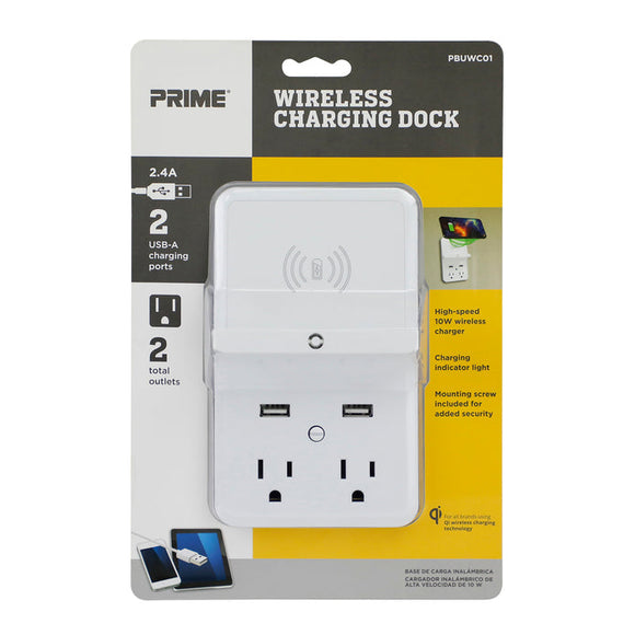 Prime Wire and Cable Wireless Charging Dock, 2-Outlet w/2-Port 2.4A USB Charger